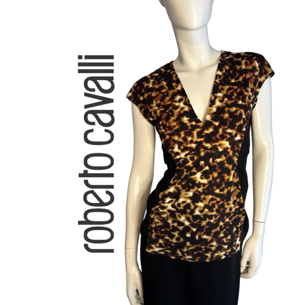 Roberto Cavalli Leopard Print V-Neck Cap Sleeve Top - Brown, Black